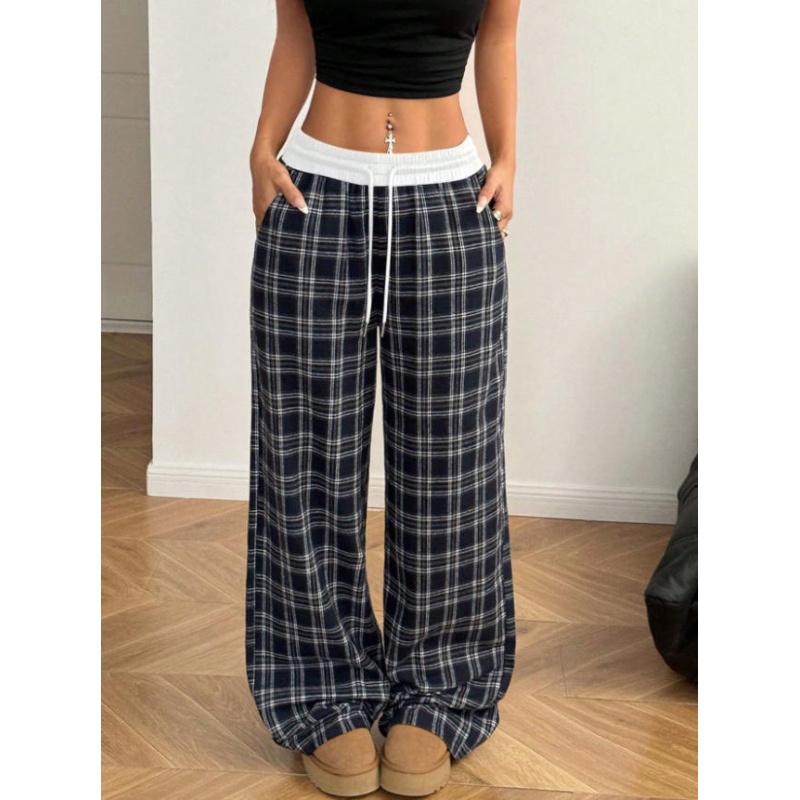 Retro Casual Floor-Length Drapey Wide-Leg Plaid Pants With Elastic Waist Straight-Leg Casual Trousers For Women