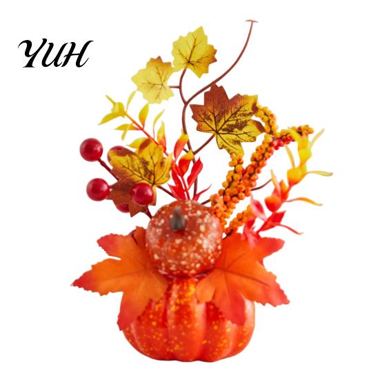 Reusable Festival Table Topper Fall Artificial Pumpkin Centerpiece, Autumn Fake Decoration with Sunflowers, Realistic Thanksgiving Props Maple Leaves
