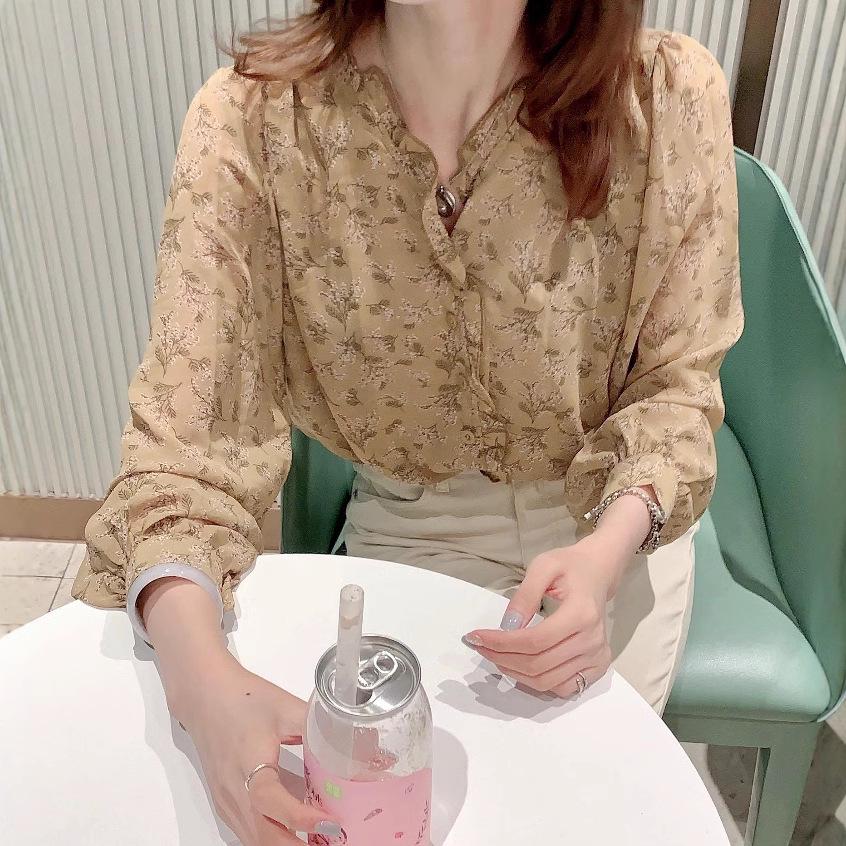 Spring/Autumn 2025 Korean Floral Chiffon Bubble Sleeve Blouse - Women's Long Sleeve Elegant Top