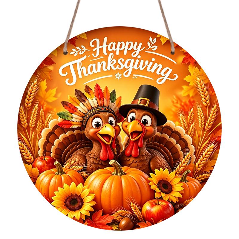 2D Flat, 1pc Round Aluminum Hanging Sign, Happy Thanksgiving Cute Cartoon Turkeys Pumpkin Sunflower Maple Wheat Apple Metal Wall Decor, Warm Orange