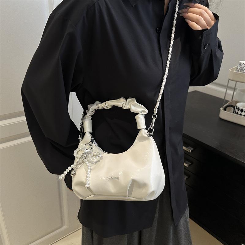Chic Shiny Women Shoulder Y2K Bag, Crescent Ruched Handbag Purse with Pearl Bow Charm Adjustable ,Chain Strap Crossbody Bag
