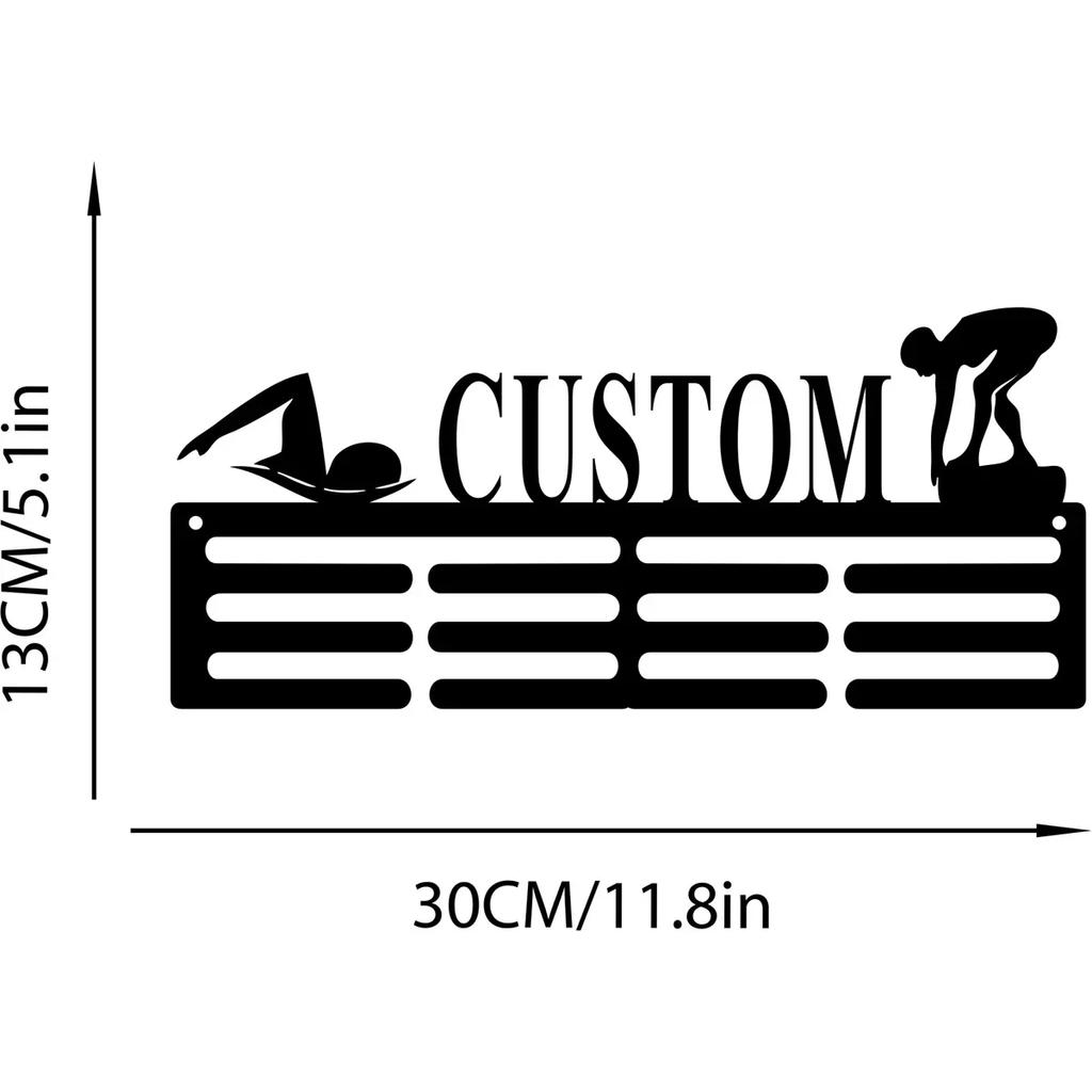 **Porte-Médailles de Natation Personnalisé en Métal, Support Mural avec Nom Personnalisé, 12 Barreaux pour Médailles et Rubans de Natation, Étagère d'Exposition pour Récompenses de Natation**