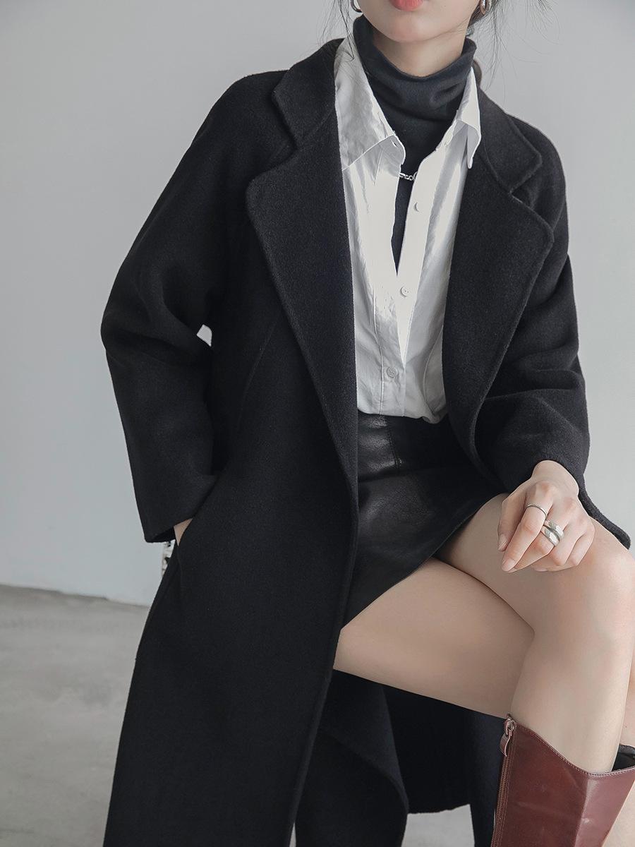 

Double-sided cashmere coat women s long over the knee new high-end loose lazy wind woolen coat S чорний