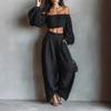 Two Piece Sets for Women Long Sleeve Off Shoulder Crop Top Wide Leg Pants Set Summer Vacation Going Out Outfits