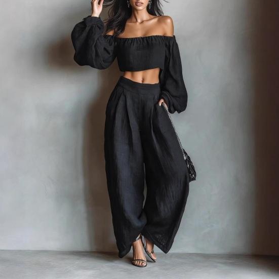 Two Piece Sets for Women Long Sleeve Off Shoulder Crop Top Wide Leg Pants Set Summer Vacation Going Out Outfits