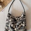 Summer cotton and linen black and white wind embroidery large capacity shoulder handbag tote bag hobo niche senior original