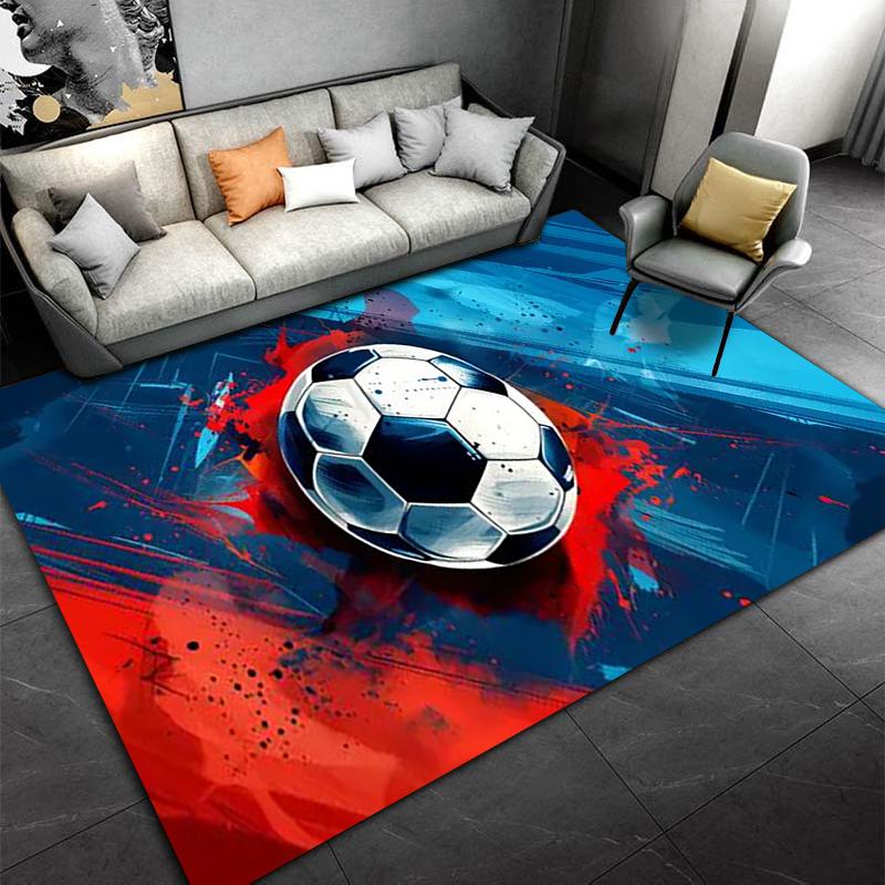 Soccer Ball Carpet with Red and Blue Abstract Design, Modern Style Suitable for Use As an Anti-slip for Living Room Bedroom Sofas
