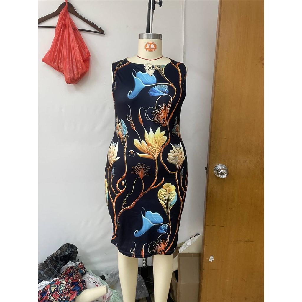 Women's Sleeveless Round Neck Print Elegant Tight Knee-length Dress