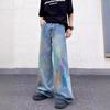 Mens Oversized Distressed Washed Denim Jeans With Graffiti Print Loose Fit High Waist Streetwear Trousers