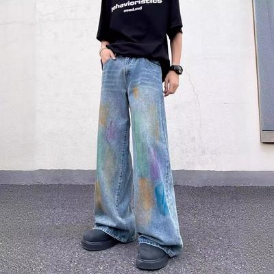 Mens Oversized Distressed Washed Denim Jeans With Graffiti Print Loose Fit High Waist Streetwear Trousers