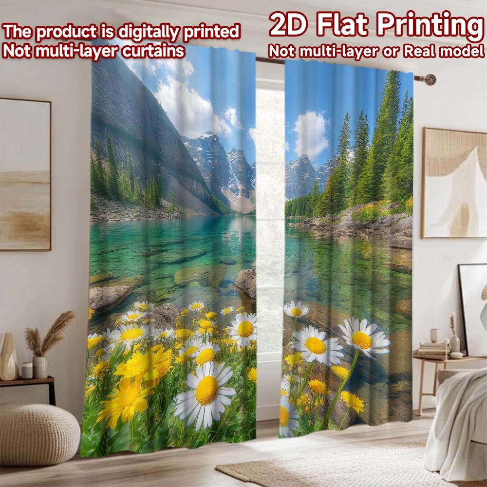 2D Flat Printing 2pcs Party Curtain Alpine Lake Daisy Field Digital Printed Polyester Drapes Holiday Decorations for Home &