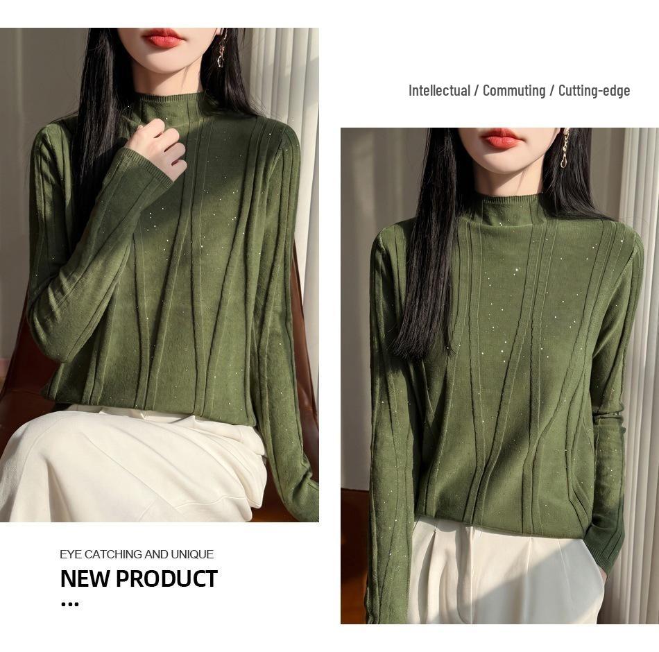 2026 Women's Autumn/Winter Slim-Fit Rhinestone Knit Sweater with Half-High Collar
