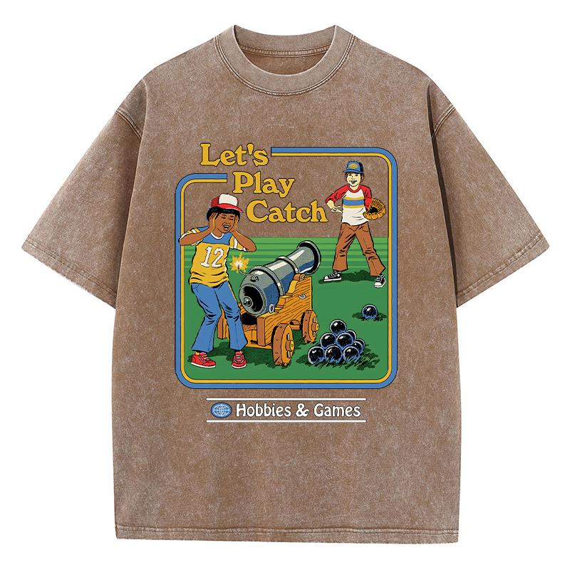 Let's Play Catch Print Damen Wasch-T-Shirt Sommer O-Ausschnitt T-Shirts Street Distressed Kleidung Atmungsaktiv Weich Kurzarm