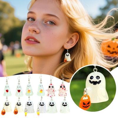 Halloween Leuchtende Harzohrringe, Dreidimensionaler Kürbis-Bonbon-Anhänger, Herzförmige Ohrringe.