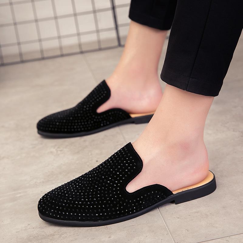 Luxury Glitter Rhinestone Leather Shoes Men Designer Outerwear Half Mules Casual Slides Slippers Sandals Male Fashion Mocassins