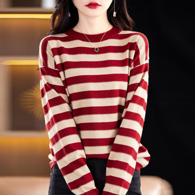 

YYFS женские модные повседневные пуловеры в полоску с принтом осень-зима с длинными рукавами и круглым вырезом, свитера XXL красный