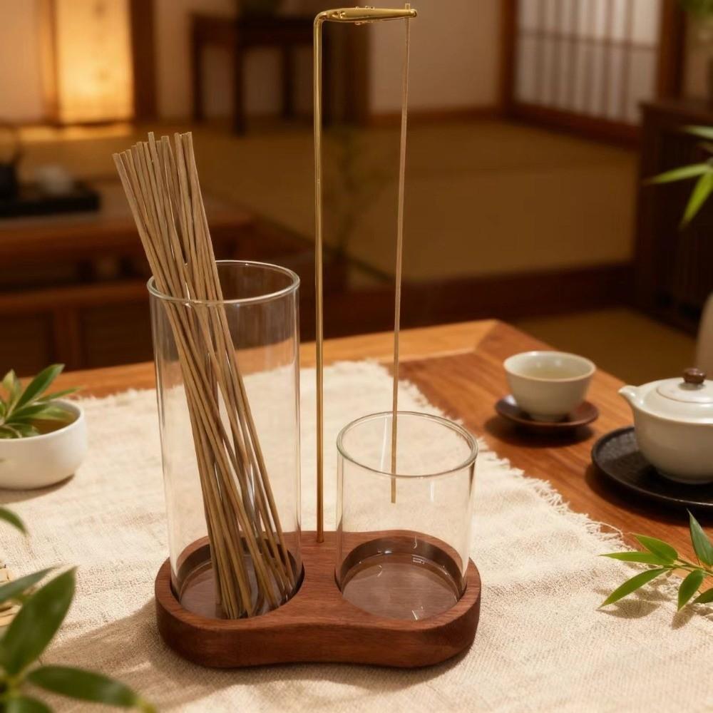 Minimalist Glass Incense Holder Zen Style Transparent Incense Burner Creative Wooden Base Anti-Ash Flying Incense Holder