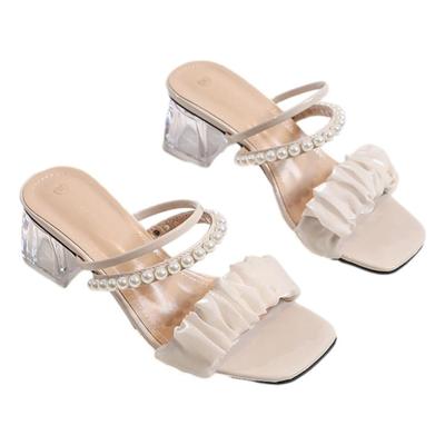 Square Pearl Chunky Beautiful Square Toe Looks Stands Looks Korean [J-Scott] Women's Sandals, Mules, Toe, Strap, Clear, Heel, Legs, Slimming, Sandals,