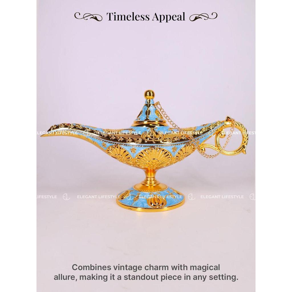 Vintage Aladdin Chirag Lamp-Luxurious Metal Jewelry Box,Decorative Showpiece,Home & Office-12 cm(Gold-Lite Blue)