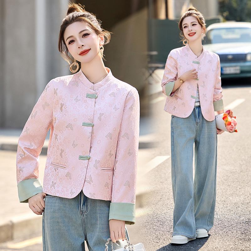 

Весна 2025 Женская розовая куртка в китайском стиле с застежкой-лягушкой RX9198 XL (65-70kg)