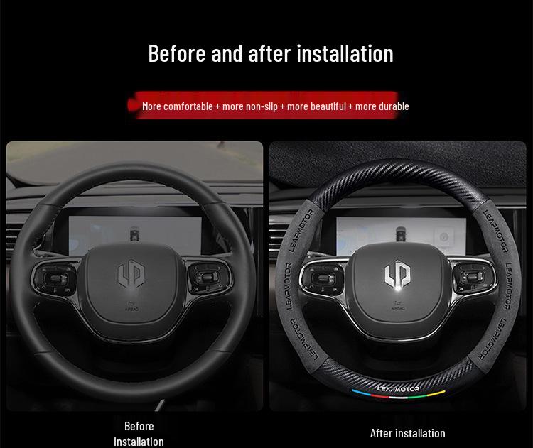 Universal Non-Slip Suede 3D Embossed Genuine Leather Steering Wheel Cover for All Seasons
