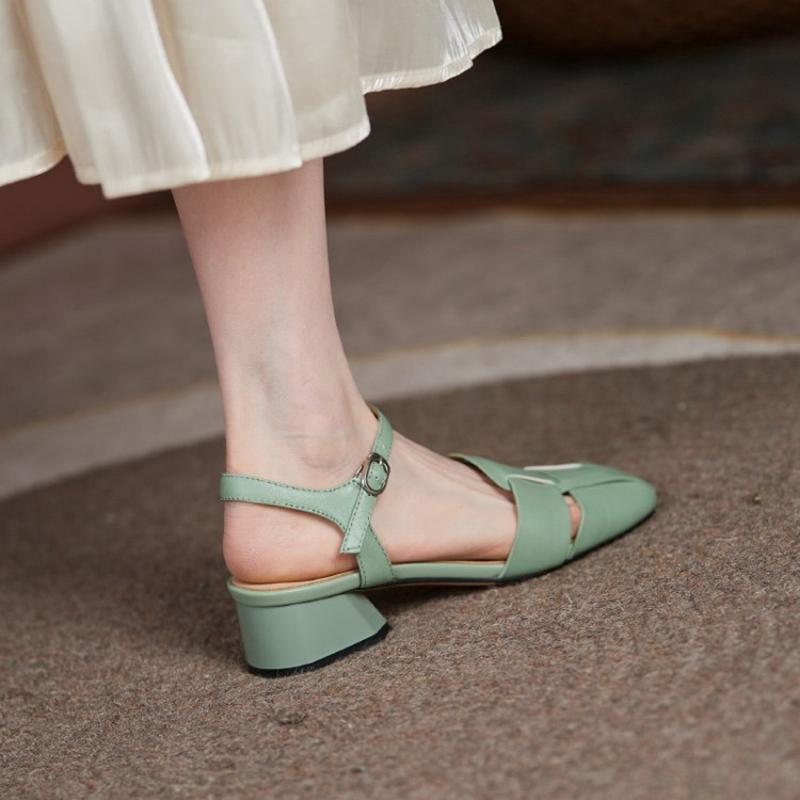 Cow Leather Square Toe Thick Med Heels Autumn Summer Buckle Straps Shoes Hollow Decorations Women Shallow Sandals