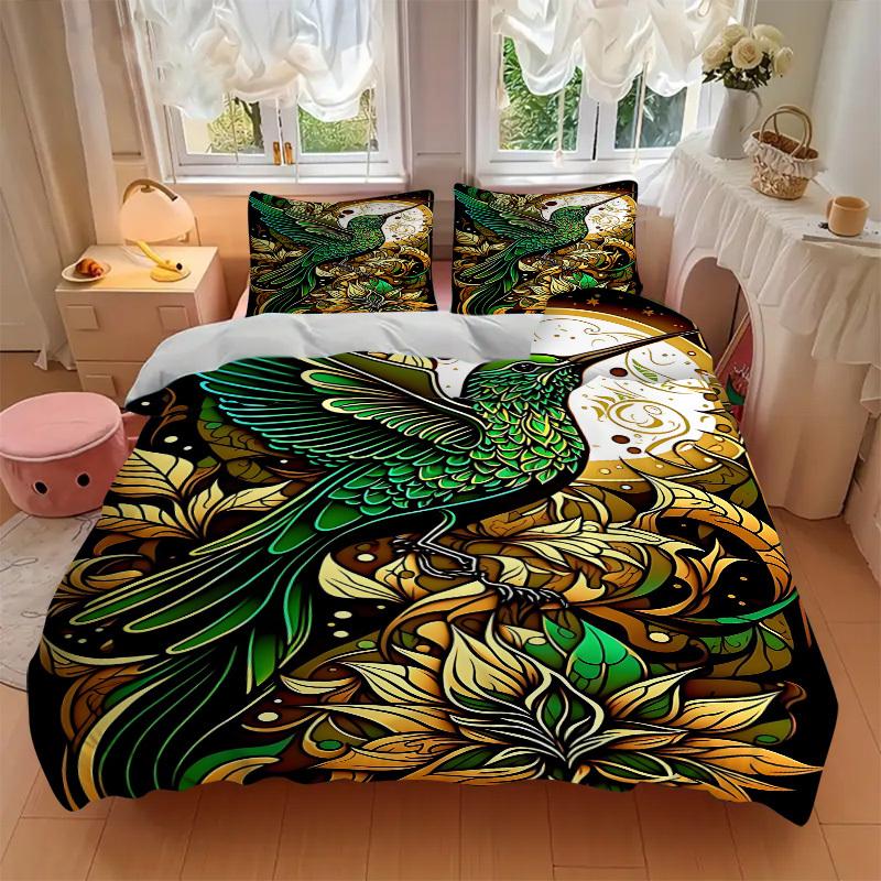 3pcs Hummingbird Floral Soft Comfortable Bedding set, For Bedroom, Guest Room And Dorm, All Season Use, High-Definition Printing, Machine Washable 172