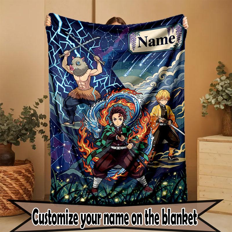 Custom Name Personalized Demon Slayer Print Blanket, Home Decor, Bedroom, Sofa, Camping, Couch, Gifts for Birthday Christmas