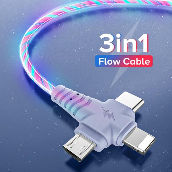 

3in1 Flow Luminous Lighting Usb Cable for IPhone 3 In 1 2in1 LED Micro USB Type C 8Pin Charger Wire 1M червоний