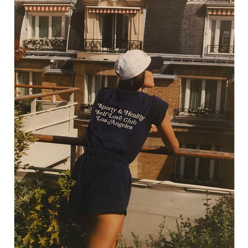 Sporty Slogan American Retro Sports Style Fashionable Sense Pure Cotton Shoulder Short Sleeve T-shirt for Women