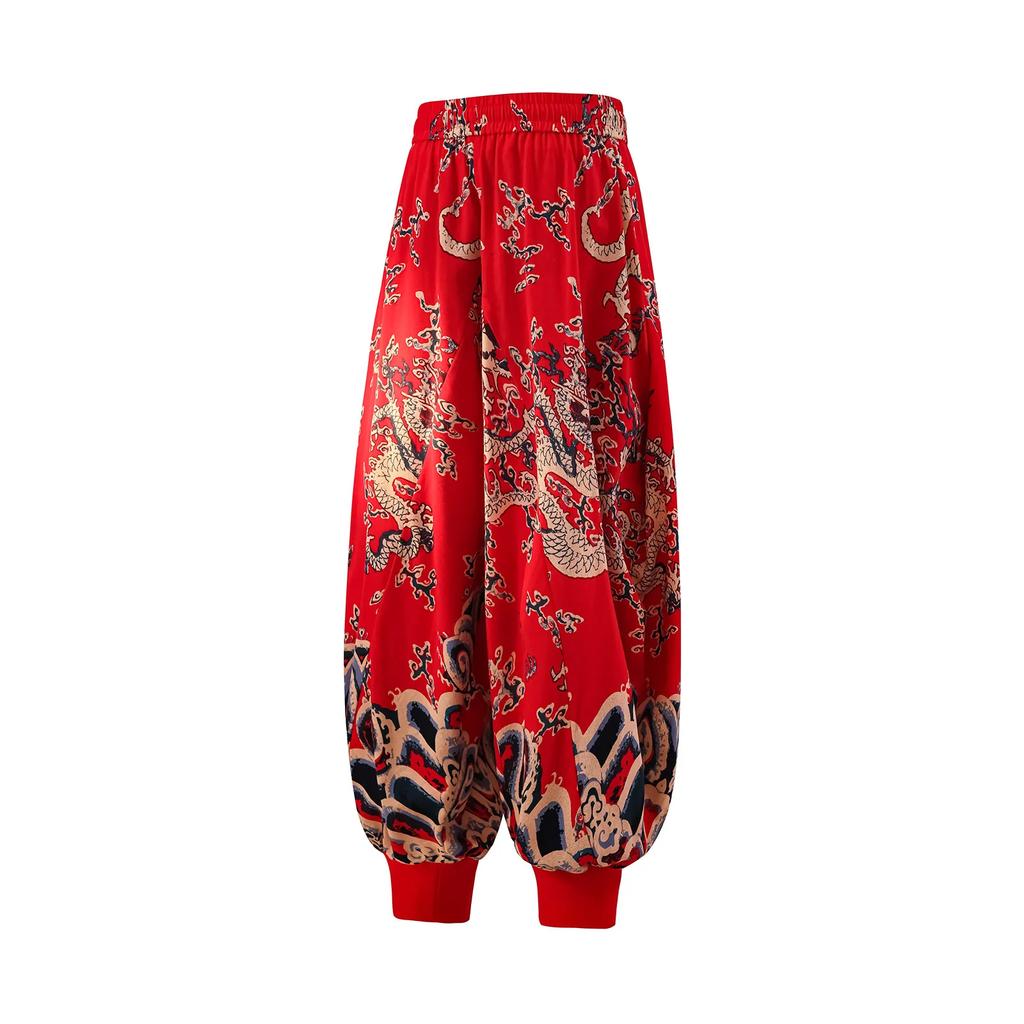 2026 Spring Summer Men's Casual Beach Pants Men Thin Wide Leg Lantern Pants Dragon Print Loose Fit Cotton Trousers