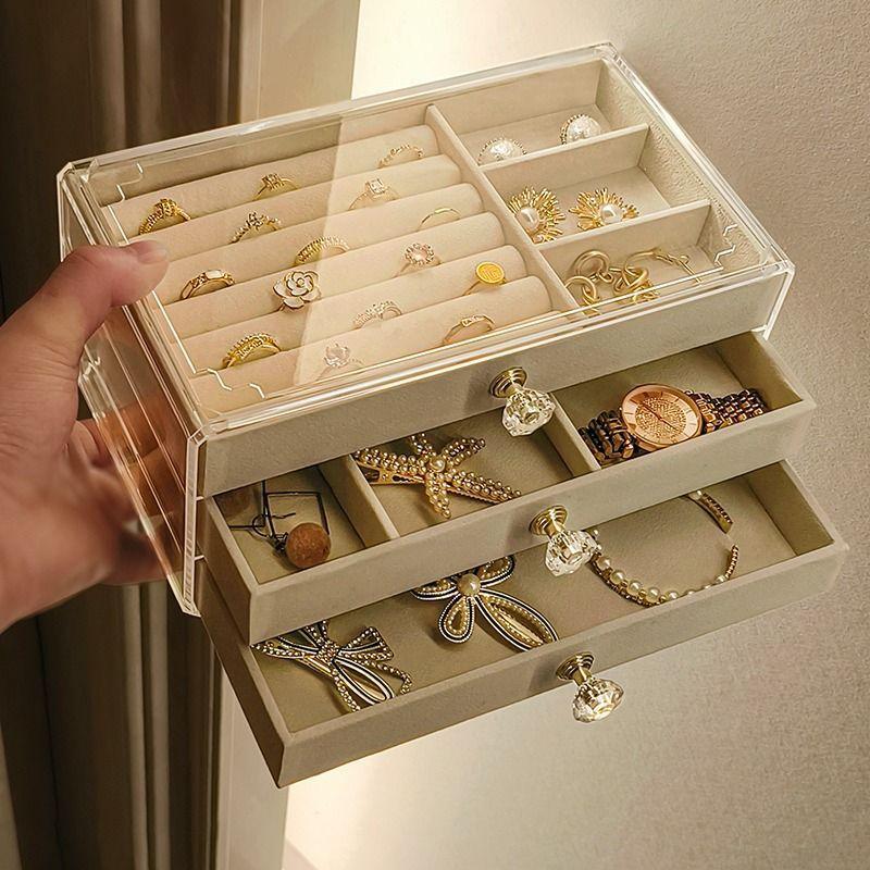 Velvet Stud Earrings Storage Box Three Layer Jewelry Organizer Dust Proof Drawer Design for Accessories Dressing Jewelry Box