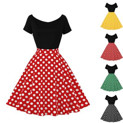 Women's Crewneck, Short Sleeve Stitching, Contrasting Vintage Polka Dot Dress, Oversized Skirt