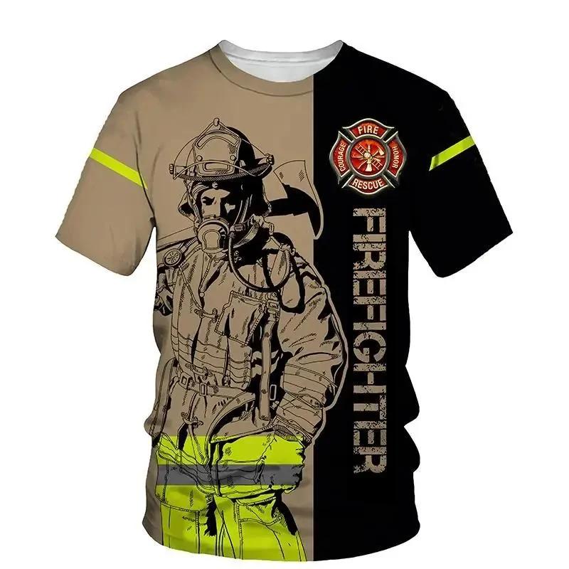 Summer Round Neck 3D Firefighter Print Top Fashionable Casual Short Sleeved Men's T-shirts