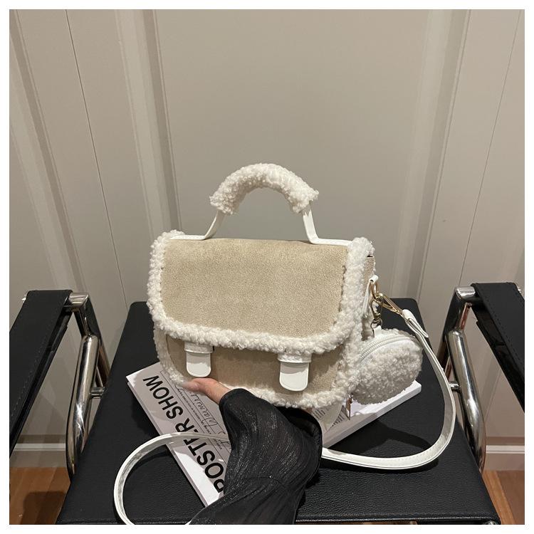 

2025 Plush Lambswool Patchwork Retro Crossbody Shoulder Bag - Women s Medium Matte Square Handbag for Autumn/Winter білий