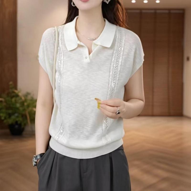 

Summer Silk Lightweight Short-sleeved Women s New Model High-end Polo-neck Stylish Multi-purpose and Youthful Knit Sweater T-shirt One size бежевый