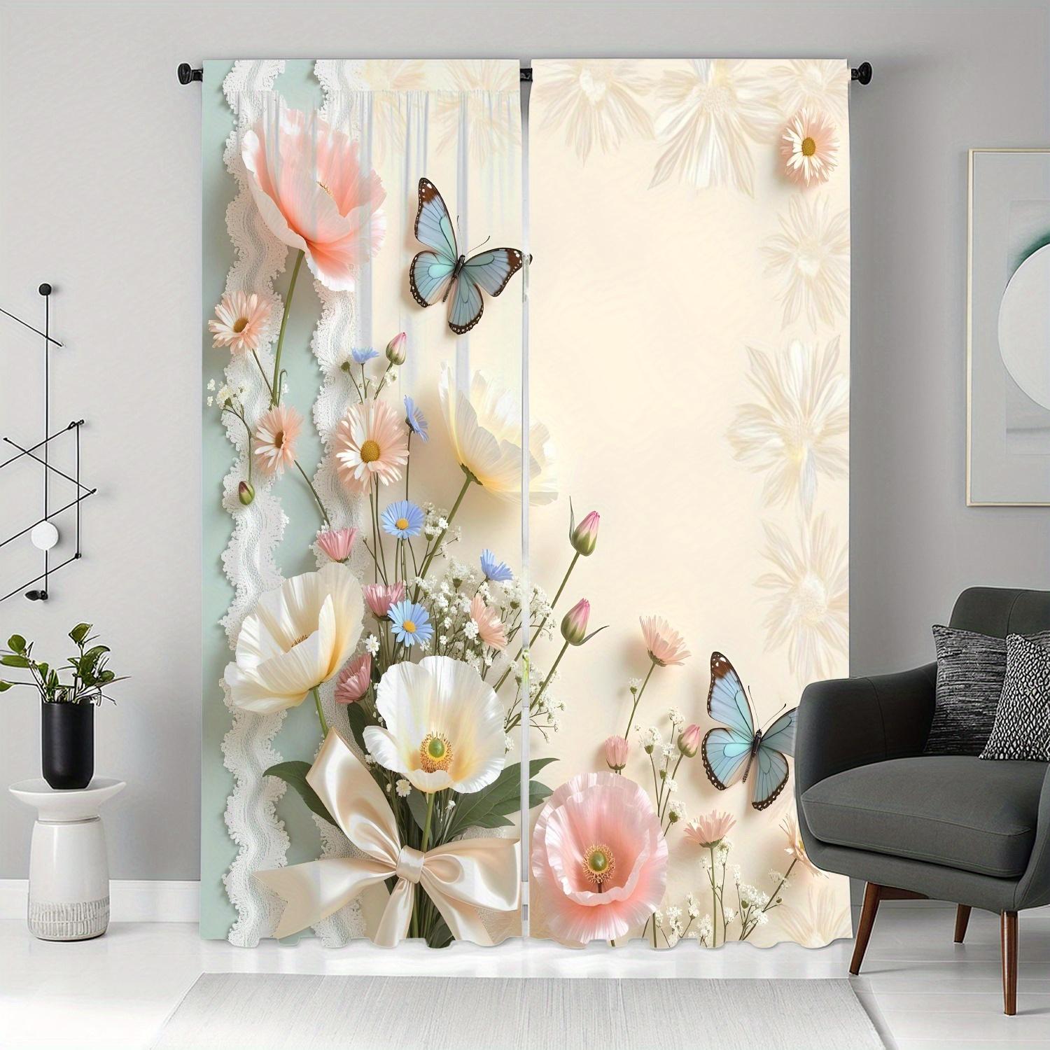 

2Pcs Elegant Floral Butterfly Sheer Curtains – Lace Trim Polyester, Rod Pocket For Living Room Bedroom Study Decor 53x116cm(2pcs)