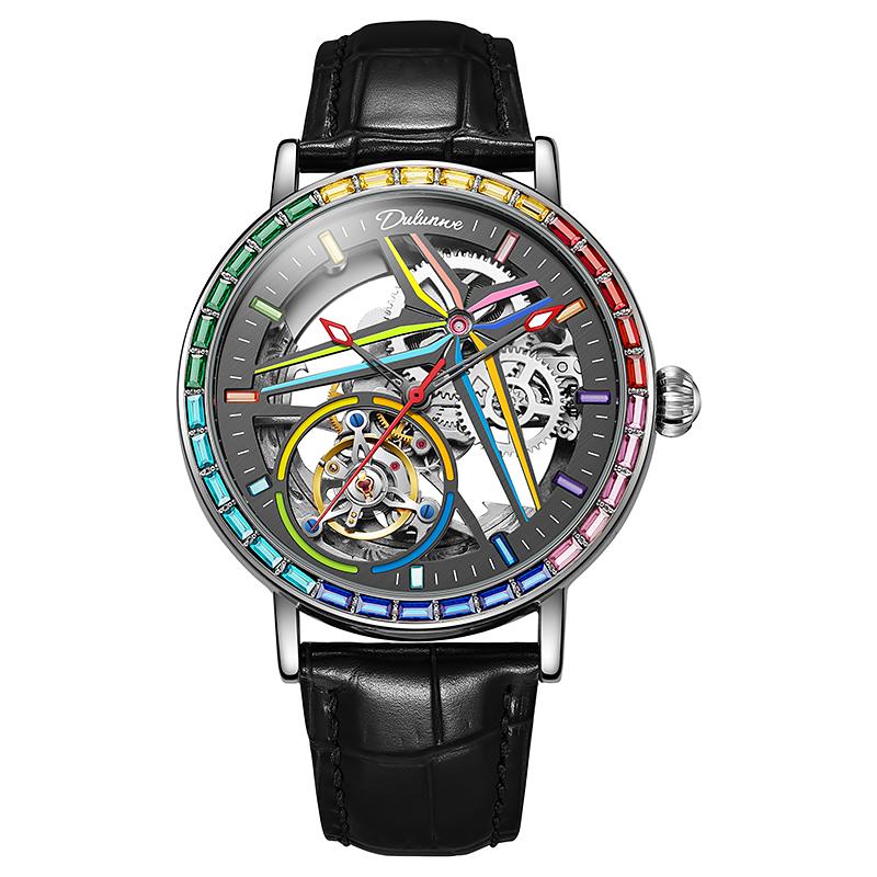 Dulunwe Regenbogenfarbene Edelstein-Tourbillon-Mode-Skelettuhr für Herren, wasserdicht bis 30 m, Sportuhren, luxuriöse automatische mechanische Armbanduhr