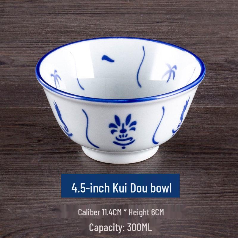 Vintage Ceramic Blue & White Bamboo Flower Bowl - Rustic Farmhouse Tableware, Ideal for Rice & Noodles