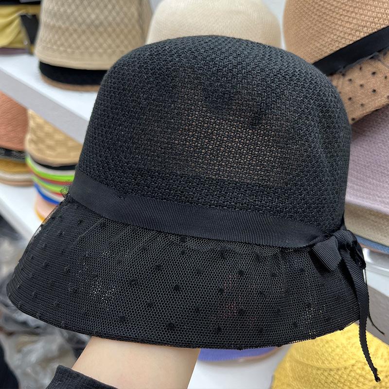 

Hat female elegant mesh point breathable bucket hat trendy bow sun hat sunscreen sun hat spring and summer Adult (56-58cm) хакі
