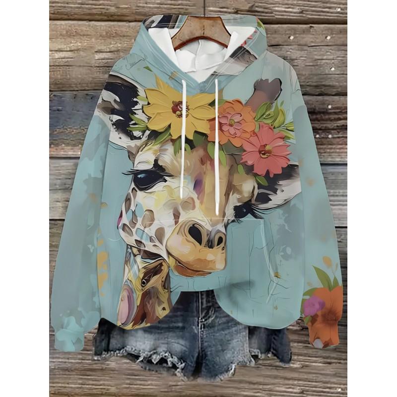 Womens Oversized Hooded Sweatshirt With Cartoon Animal Print Casual Streetwear Top Fall 2025