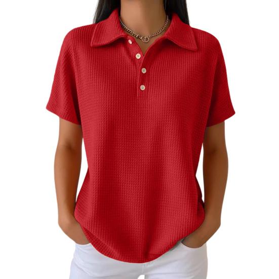 Women Tops Lapel Short Sleeve Buttons Half Placket Shirt Tops Pure Color Waffle Texture Regular Fit Casual Shirt Home Dates Versatile Wear M красный