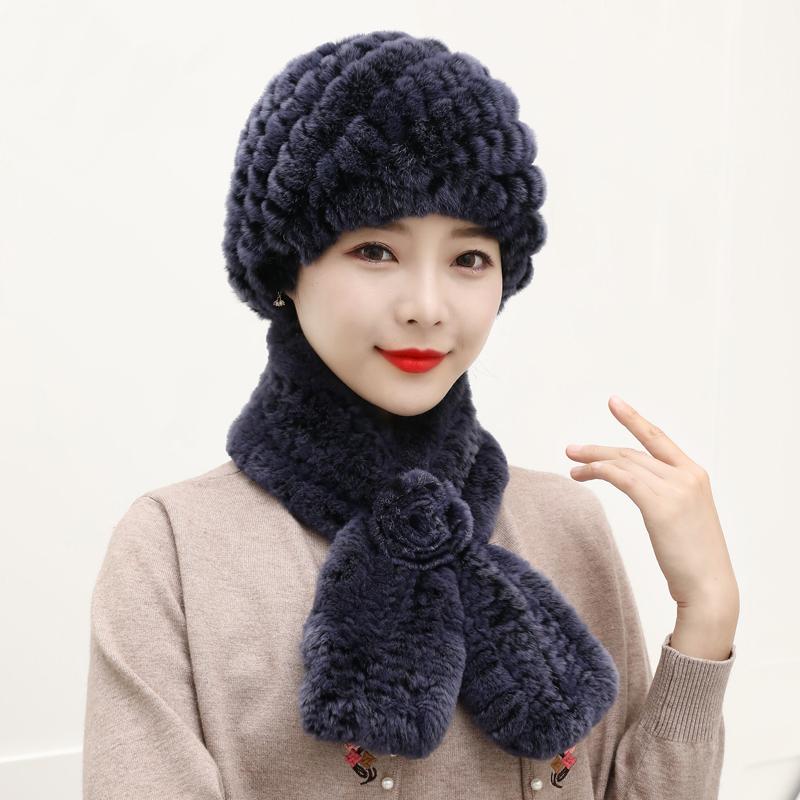 Winter Knitted 100% Natural Fur Hats Scarves Sets Women Warm Real Rex Rabbit Fur Hat Scarf Lady Fashion Thick Rex Rabbit Fur Hat