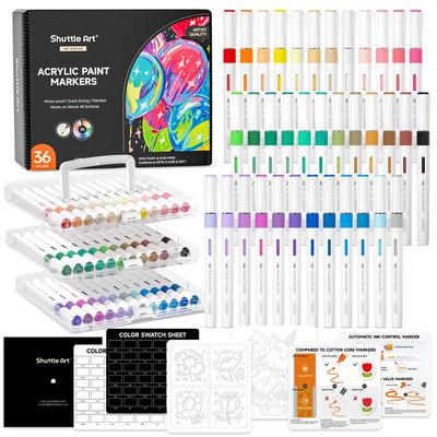 Shuttle Art Acrylic Marker 36-Color Set, Direct Ink Type, Brush Tip, Water-Based Paint Markers, Waterproof, Quick-Drying, Water-Resistant, Lightfast A