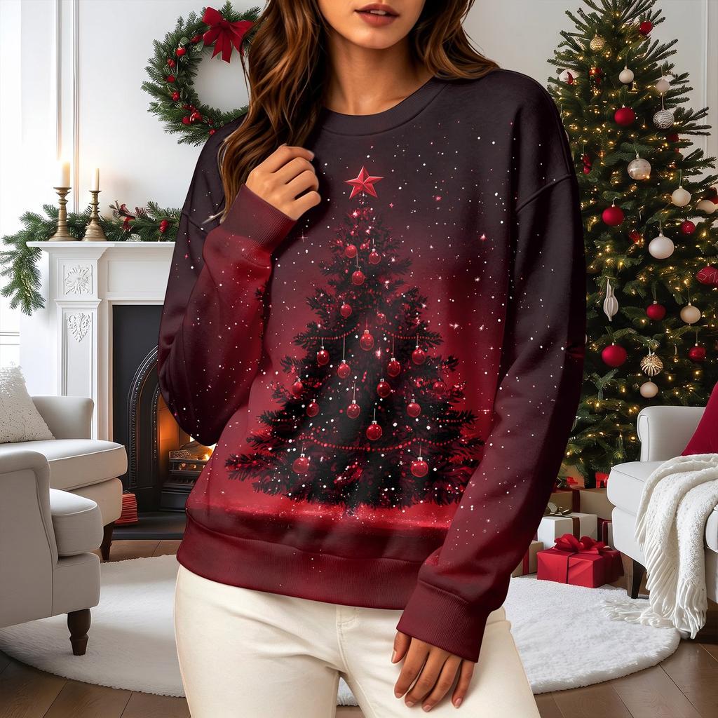 Women's Casual Long Sleeve Christmas Print Crewneck Sweatshirt Top for Fall and Winter