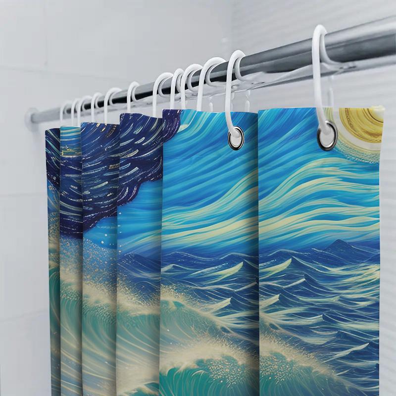 Artistic Ocean Waves Shower Curtain Modern Blue White Design for Bathroom Decorations 3D Printed Waterproof Fabric Easy To Hang