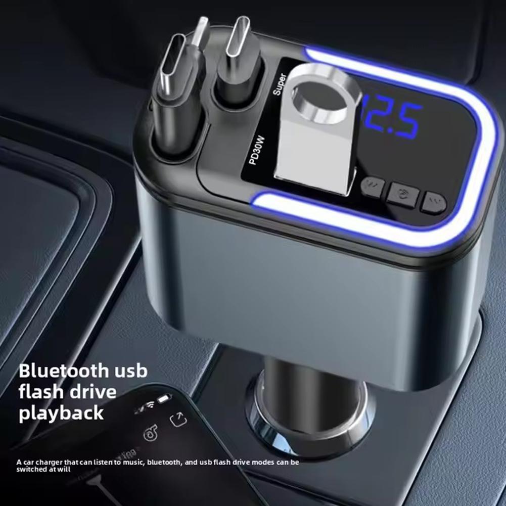 180W 5 IN 1 Retractable Car Charger - Bluetooth Fast Charge Cord. Type C Cable for iPhone Mobile Phones. Cigarette Lighter Adapt