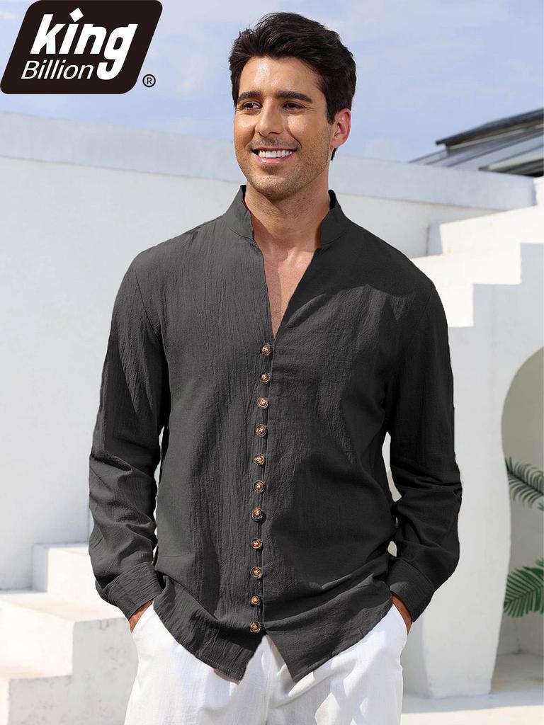 Men's Linen Cotton Blend Long Sleeve Shirt - Stylish Single Breasted Henley Neck Casual Tops for Daily Wear