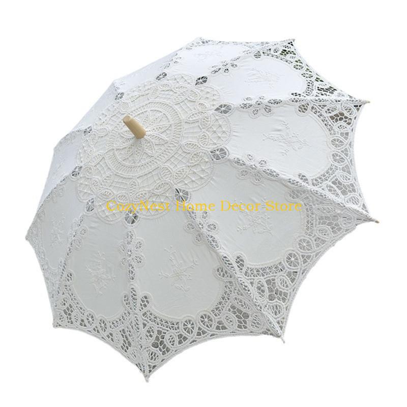 92MF Decorative Handmade Lace Umbrella Wooden Handle Sun Shade For Women Girls Special