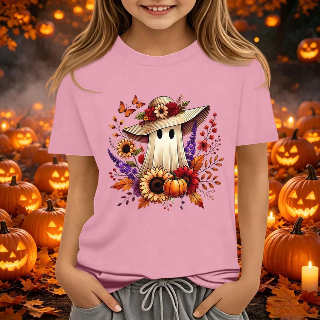 Kids Halloween Printed Short Sleeve T-Shirt Loose Fit Round Neck Casual Tee